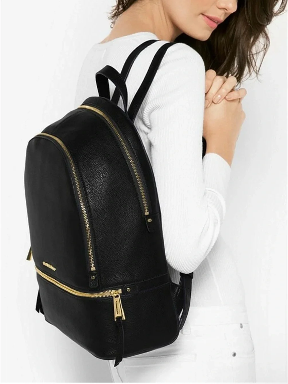 Michael Kors Black Leather Backpack with Gold Hardware Accents